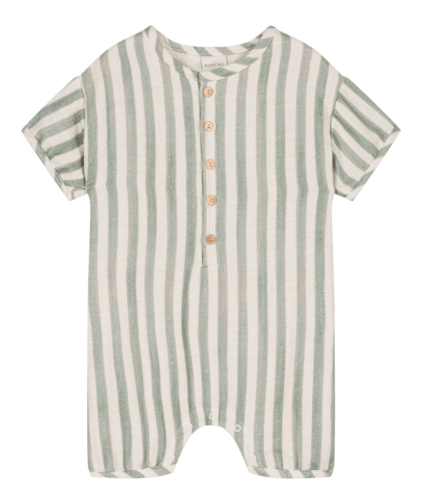 Studio Boheme combinaison Bebecito en gaze de coton flammé rayures vertes légère et confortable, tenue de plage tenue d'été pour bébé et enfant jusqu'à 3 ans