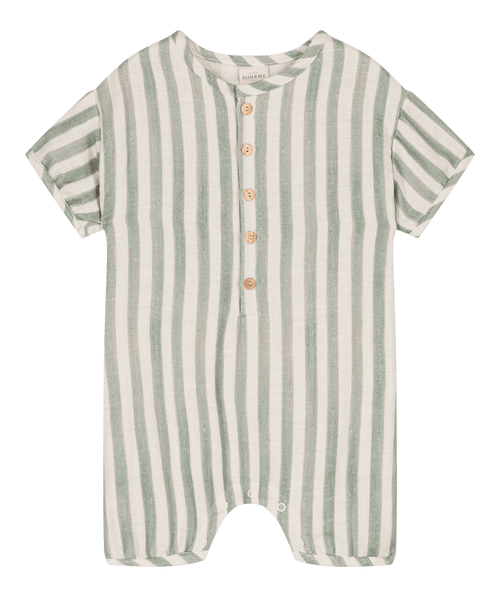 Studio Boheme combinaison Bebecito en gaze de coton flammé rayures vertes légère et confortable, tenue de plage tenue d'été pour bébé et enfant jusqu'à 3 ans