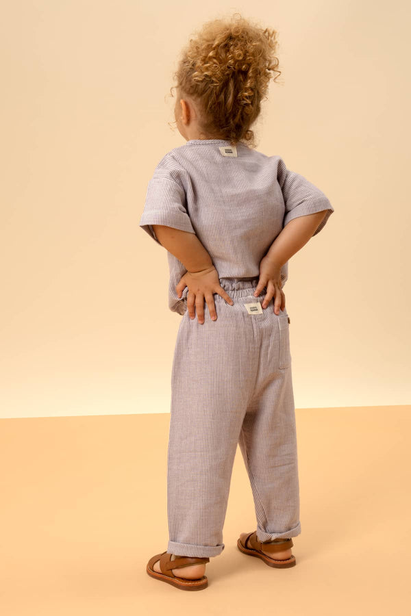 Pantalon droit rayures violette tenue de cérémonie pour petite fille petit garçon rayures violettes, gaze de coton biologique Studio Boheme