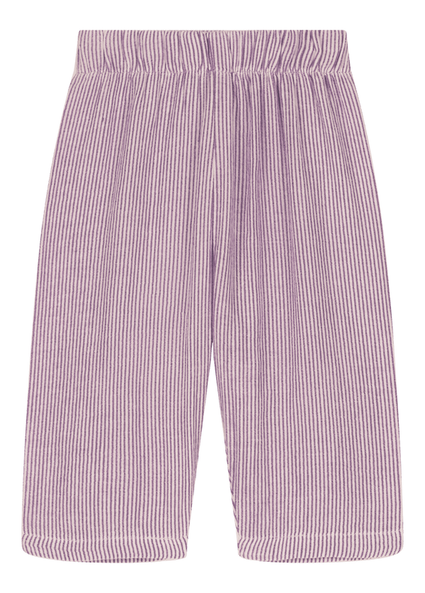Studio Boheme Paris Pantalon Cousin en gaze de coton biologique à rayures violettes fines et élégantes pour petite fille et petit garçon de 3 mois à 10 ans