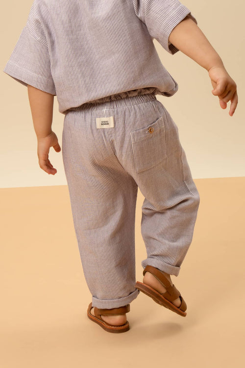 Pantalon Cousin en gaze de coton biologique à rayures violettes, mixte de 3M à 10 ans