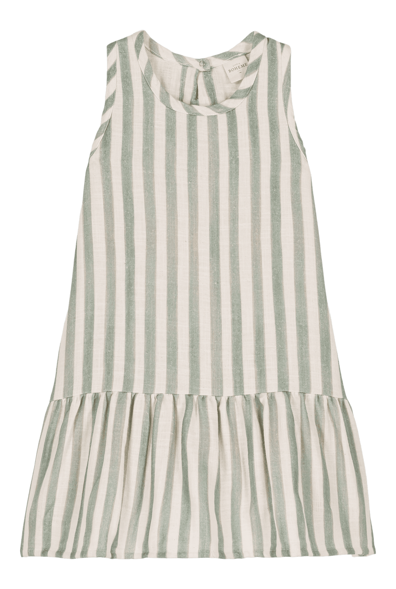 Studio Boheme Paris robe Playa rayures vertes en gaze de coton biologique pour petite fille de 18 mois à 10 ans 