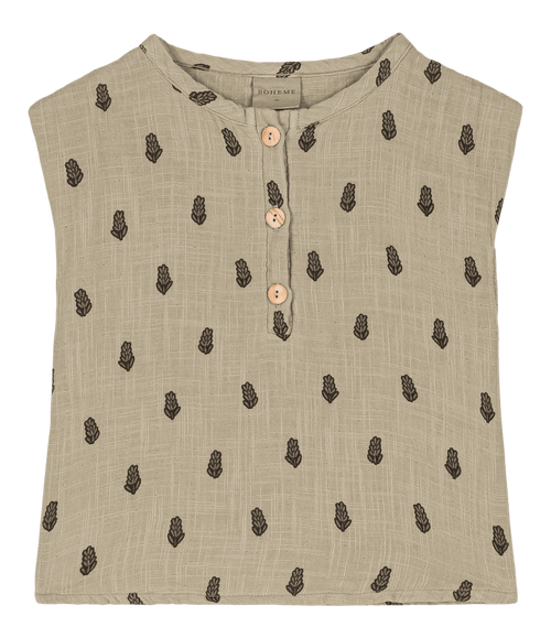 Studio Boheme Paris blouse manches courtes en gaze de coton flammé biologique, coloris vert sauge imprimé lavande